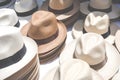 Handmade Panama Hats at the traditional outdoor market. Popular Royalty Free Stock Photo