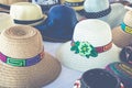 Handmade Panama Hats at the traditional outdoor market. Popular Royalty Free Stock Photo