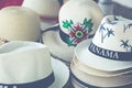 Handmade Panama Hats at the traditional outdoor market. Popular Royalty Free Stock Photo