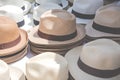 Handmade Panama Hats at the traditional outdoor market. Popular Royalty Free Stock Photo