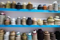 Handmade Panama Hats at the traditional outdoor market. Popular Royalty Free Stock Photo