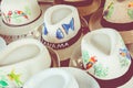 Handmade Panama Hats at the traditional outdoor market. Popular Royalty Free Stock Photo