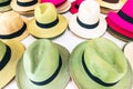 Handmade Panama Hats at the traditional outdoor market. Popular souvenir from Central America. Royalty Free Stock Photo