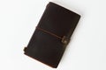 Handmade paper diary notebook in brown leather cover, close-up Royalty Free Stock Photo