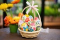 handmade paper mache eggs in basket with fabric lining