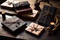 Handmade DIY paper products with dark leather and craft accessories