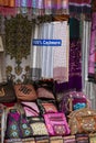 Handmade pashmina shawl with delicate embroidery at outdoor crafts market in Kathmandu, Nepal