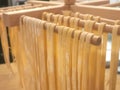 Handmade Pasta Drying on wooden Rack, Italian Fresh Fettuccine, Parpadelle, Fresh Traditional Italian Food, Homemade pastas. Royalty Free Stock Photo