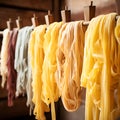 Handmade Pasta Drying on Wooden Racks. Traditional Italian food, Italian pasta in making. The process of drying raw fresh pasta.