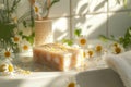 Handmade pastel chamomile soap in white sunny bathroom. Home made spa, skincare and cosmetology concept