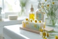 Handmade pastel chamomile soap in white sunny bathroom. Home made spa, skincare and cosmetology concept
