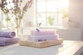 Handmade pastel purple lavender soap in white sunny bathroom. Home made spa, skincare and cosmetology concept