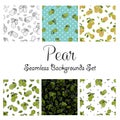 Handmade pear illustration, seamless backgrounds set, green pear, collection, cartoon vector illustration, black polka dots, skybl Royalty Free Stock Photo