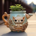 Handmade Pet Gate Flowerpot: Cute Glazed China Design With Exquisite Detail Royalty Free Stock Photo