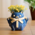 Handmade Pet Harness Shaped Flowerpot With Cute Cat And Yellow Flowers Royalty Free Stock Photo