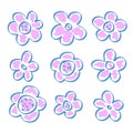 Handmade pink and blue flowers in different styles.