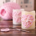 Handmade Pink Crochet Heart On Candle For Saint Valentine's Day