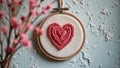 Handmade pink crocheted heart in embroidery hoop on textured wall Royalty Free Stock Photo