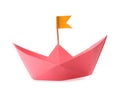 Handmade pink paper boat with orange flag isolated on white. Origami art Royalty Free Stock Photo