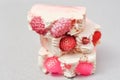 Handmade pink soap.Cold Processed Handcrafted Soap.Home made soap look like cake, ice cream with berries,glitter on gray