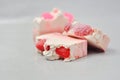 Handmade pink soap.Cold Processed Handcrafted Soap.Home made soap look like cake, ice cream with berries,glitter on gray