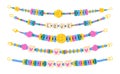Handmade plastic bead bracelets. Friendship bracelets, kids handcraft cute accessories with with colored beads flat vector