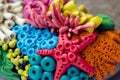 Handmade plasticine decor with coral reef inhabitants, starfish, anemone. Close up photo of craft Royalty Free Stock Photo