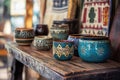 Handmade pottery displayed on rustic shelf in cozy artisan studio Royalty Free Stock Photo