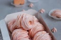 Handmade pumpkin marshmallow (zephyr) packed in a gift box. Close up view of creamy peach-coloured zefir on the