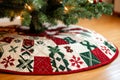 A handmade quilted Christmas tree skirt featuring red, green, and white patchwork with festive snowflakes Royalty Free Stock Photo
