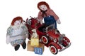 Raggedy Ann & Andy, homemade clothes too, sit & play with vintage toys, fire engine & wood blocks.