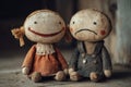 Handmade rag dolls showing joy and sorrow, sitting side by side on a wooden surface Royalty Free Stock Photo