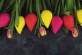 Handmade and real tulips on darken