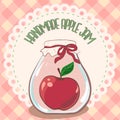 Handmade red apple jam jar on lace doily label and gingham tablecloth. Vector illustration, eps 10. Jam label template for package