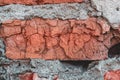 Handmade red brick close-up, grungy texture. Background of old surface, vintage cracked wall Royalty Free Stock Photo