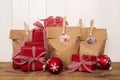 Handmade red christmas presents and bags.