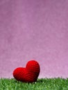 Handmade red yarn heart on Green grass background is royal pink.Copy space for text, Valentines day, love concept and love backgro Royalty Free Stock Photo