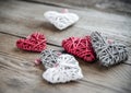 Handmade retro hearts on the wooden background