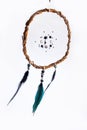 handmade round dream catcher made of willow vines, white threads, beads