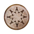 Handmade round wooden pattern. Ornamental circle floral decor panel with metal incrustation. Hadcraft vintage stool. Top view. Iso