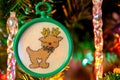 RUdolph the red nosed reindeer handmade cross stitched Christmas tree ornament Christmas card Royalty Free Stock Photo