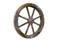 Handmade rustic vintage wooden wheel used in medieval wagons and carriages, isolated white background Royalty Free Stock Photo