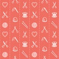 Handmade seamless pattern with scissors, needle and thread, thimble, knitting needles, a yarn ball, spool and Royalty Free Stock Photo