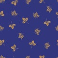 Handmade seamless pattern with yellow leaves on a blue saturated background. Vector grunge leaf print. Printing on fabric,