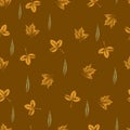 Handmade seamless pattern with yellow leaves on a brown bright background. Vector grunge leaf print. Printing on fabric, wallpaper Royalty Free Stock Photo