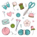 Handmade. Set of elements for knitting, sewing and needlework in doodle style.