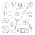 Handmade. Set of objects for knitting, sewing and needlework in doodle style