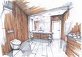 Handmade sketch of a Luxury modern bathroom, sink with mirror, watercloset in tiled bathroom in grey and brown colors