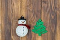 Handmade snowman with christmas tree on wooden background Royalty Free Stock Photo