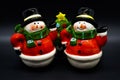 Handmade snowmen figurines isolated on black background. Christmas decoration.